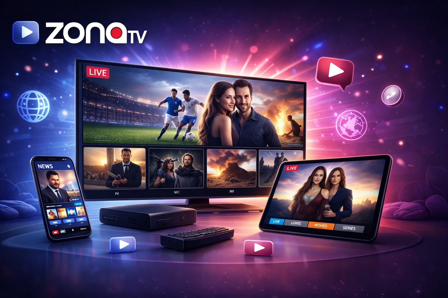 Interfaz conceptual de ZonaTV presentada en una pantalla de televisión y un dispositivo compatible.